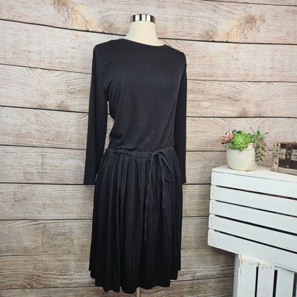 J.Jill Black Long Sleeve Pleated Midi Dress Elegant Casual Work Office Size L